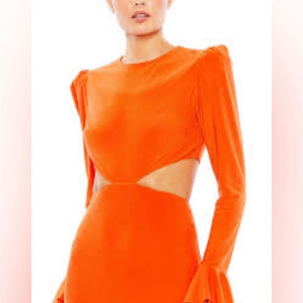 IEENA FOR MAC DUGGAL
Orange Long Sleeve Puff Shoulder Cut Out Gown - Picture 2 of 9